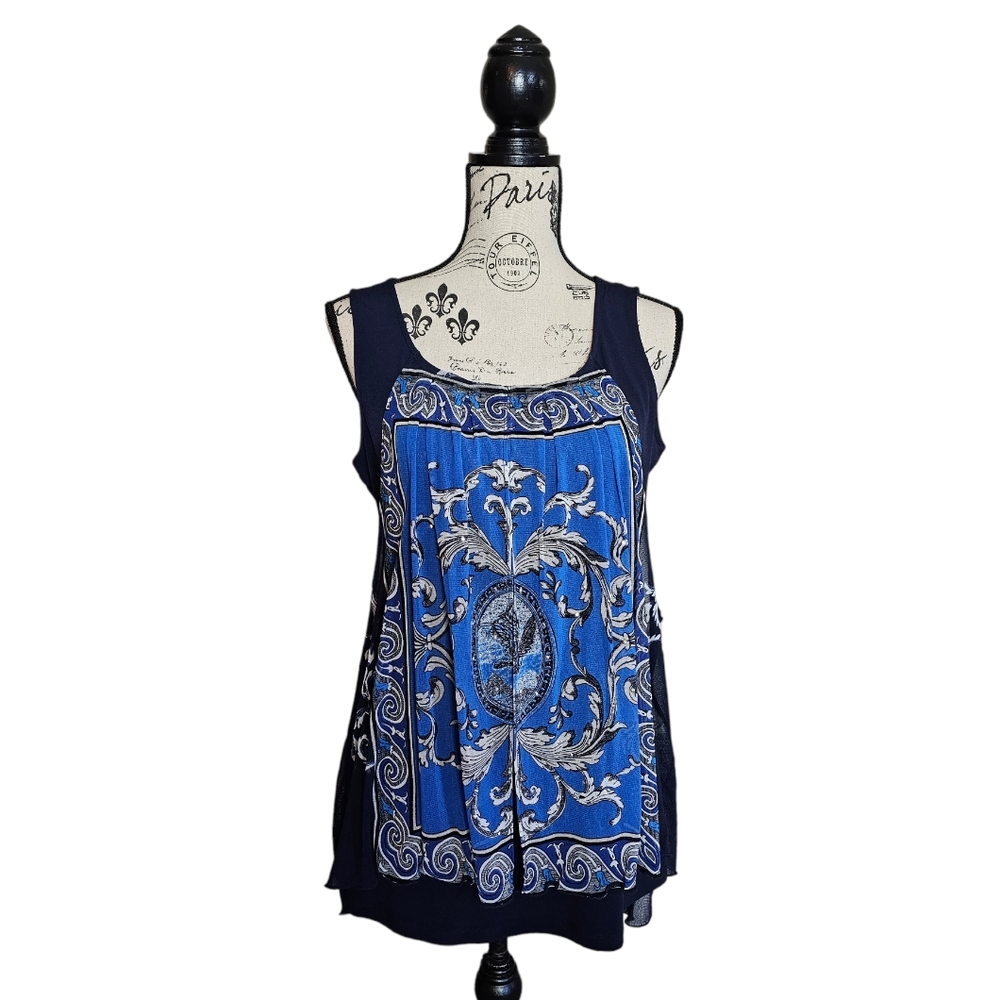 ALFANI Sleeveless Top Blue Sequin Panel Women's Hi Low Bling Size Medium